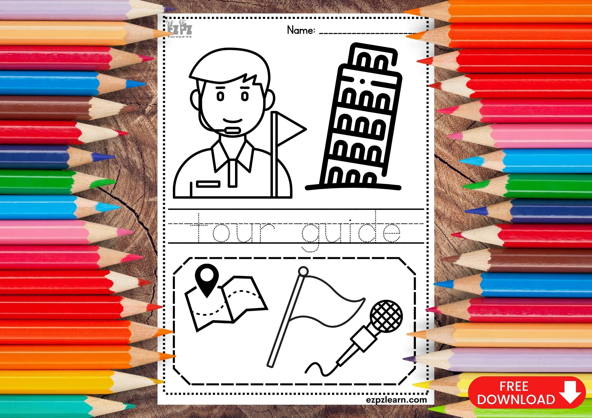 Tour Guide Coloring and Trace the Word Page Jobs Topic for Kids
